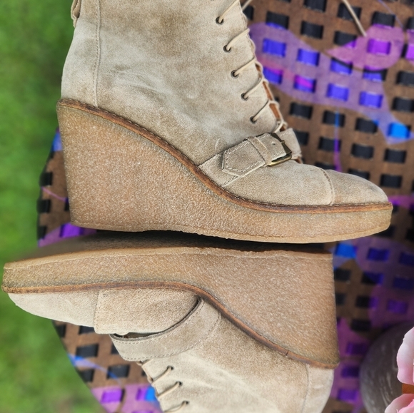 Madewell Suede Lace Up WEDGE Booties MONK strap Buckle 3.5" HEIGHT SZ 9.5 - Picture 7 of 15